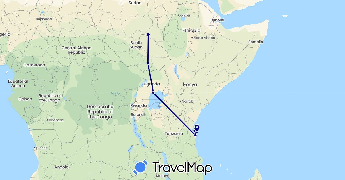 TravelMap itinerary: driving in South Sudan, Tanzania, Uganda (Africa)